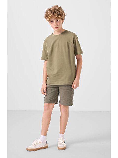 Tommylife Koyu Bej-Camel Pamuklu Oversize Fit Dokuma Hafif Esnek Chino Erkek Çocuk Şort Takım - 11277 - S000387228-19933