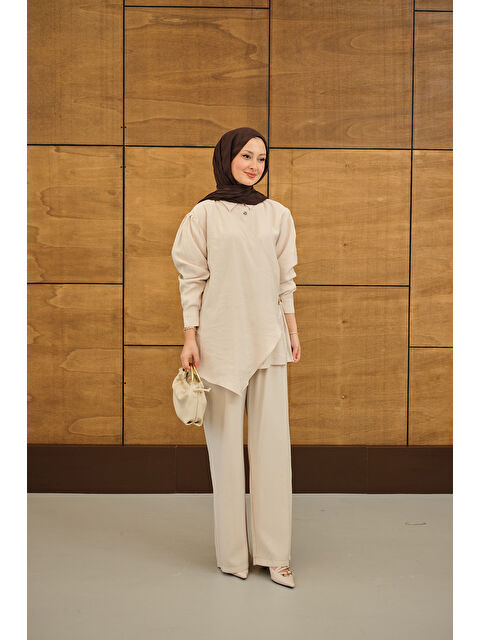 Locco Moda Kadın Gold Düğme Detaylı Pantolonlu Modal Takım Krem - S000513594-19966