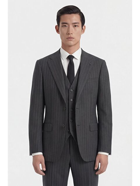 Sabri Özel Giotelli Erkek Siyah Dar Kesim Slim Fit Viskon Dokuma Çizgili Klasik Yaka 6 Drop Takım Elbise