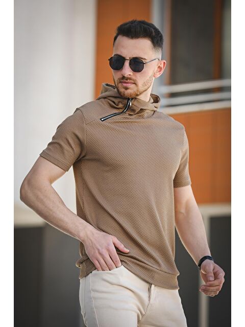 Oksit Slim Fit Dokulu Fermuar Detaylı Kapüşonlu Erkek Tişört - S000124823-19413
