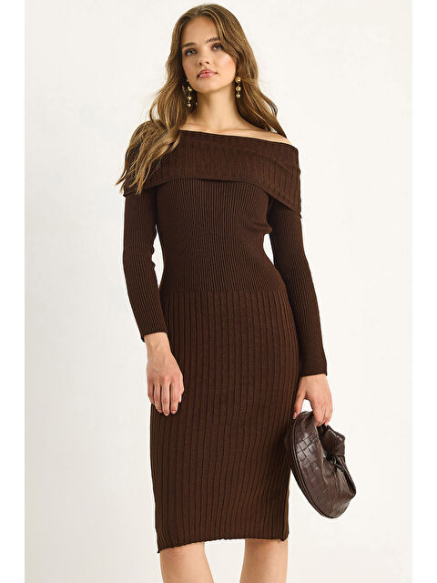 SHADE Kadın Fitilli Madonna Yaka Triko Elbise - S000443423-19413