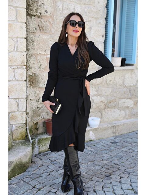 Jane's Krep Kumaş Midi Boy Kuşaklı Uzunkol Elbise 113 Cm - S000528078-19351