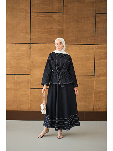 Locco Moda Kadın Gömlek Yaka Gizli Düğmeli Nakışlı Çift Cep Etekli Takım Lacivert - S000513598-21164