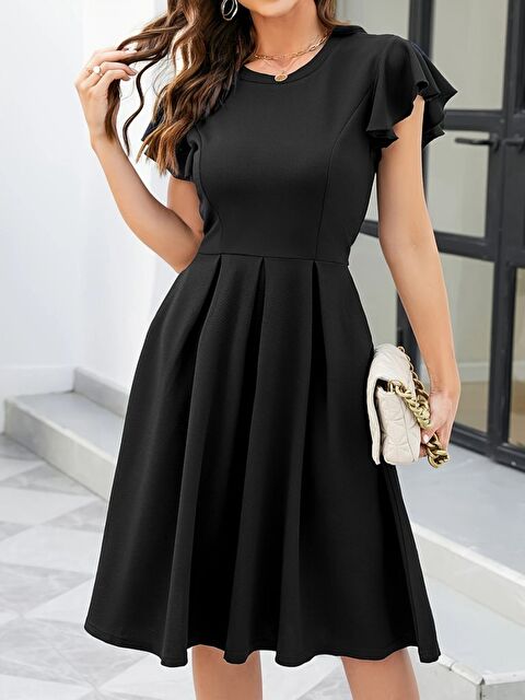 Jane's Kadın Kelebek Kollu Bisiklet Yakalı Pileli Ithal Krep Elbise - S000528203-19351