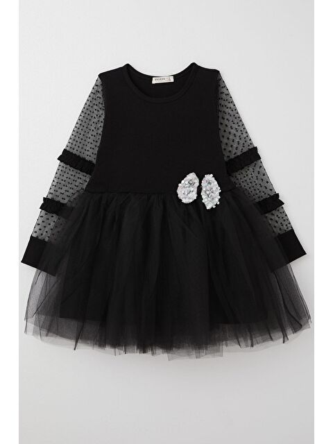 Breeze Kız Çocuk Uzun Kollu Elbise Kolları Tül Fiyonk Aksesuarlı Tüllü Siyah (5-6 Yaş) - S000355975-19351