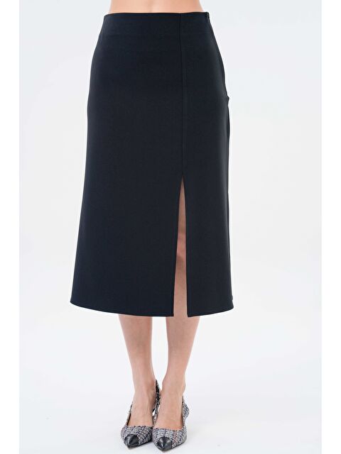 Saade Siyah Yırtmaçlı Detaylı Midi Dokuma Etek - S000510029-19351