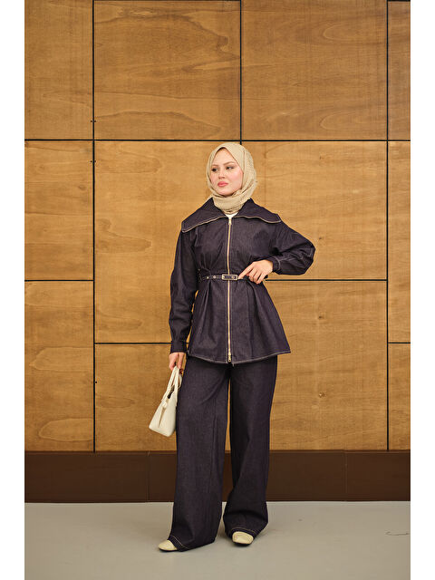 Locco Moda Kadın Bebe Yaka Kemer Bağlamalı Fermuarlı Pantolonlu Takım Mor