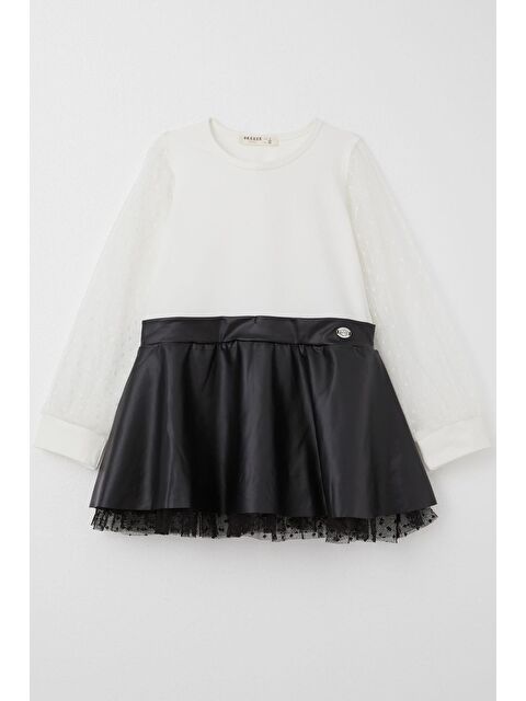 Breeze Kız Çocuk Uzun Kollu Elbise Etek Kısmı Deri Kolları Tül Detaylı Ekru (3-6 Yaş) - S000355978-19965