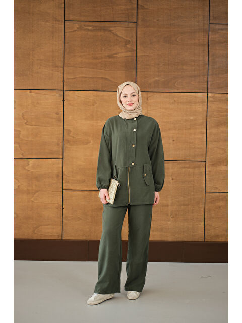 Locco Moda Kadın Gold Düğmeli Çift Cepli Fermuarlı Takım Yeşil - S000513602-18194