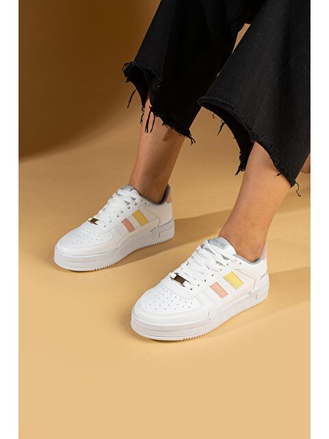 Pembe Potin Bağcıklı Comfort Taban Şeritli Kadın Sneaker 001-1005-24BeyazPudraSarı - S000165837-20063