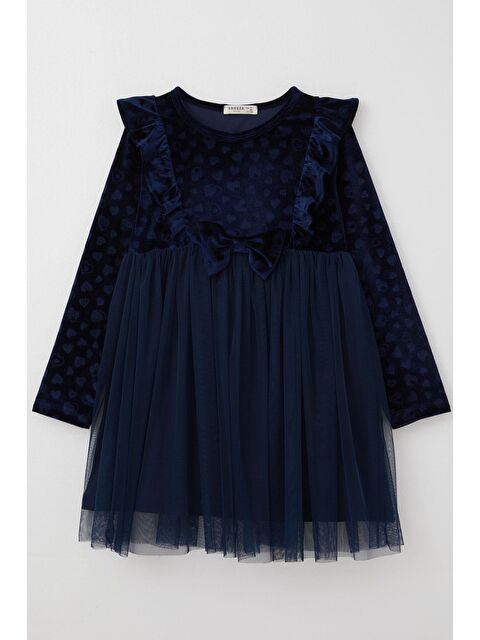 Breeze Kız Çocuk Uzun Kollu Elbise Kadife Kalp Desenli Fiyonklu Lacivert (4-7 Yaş) - S000355977-21164