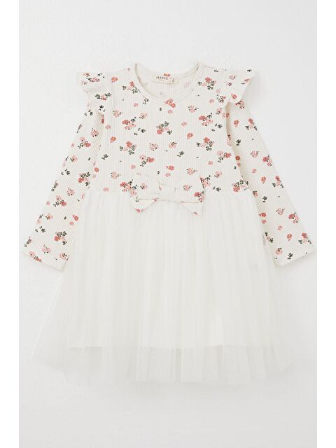 Breeze Kız Çocuk Uzun Kollu Elbise Çiçek Desenli Fiyonklu Ekru (3-4 Yaş) - S000355979-19965