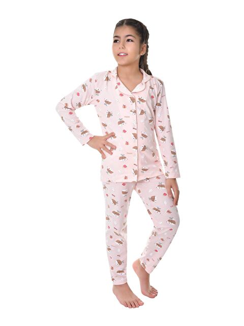 Little Frog Kids Pamuklu Uzun Kollu Düğmeli Gömlek Yaka Desenli Düz Paça Kız Çocuk Pijama Takım - S000130237-17605