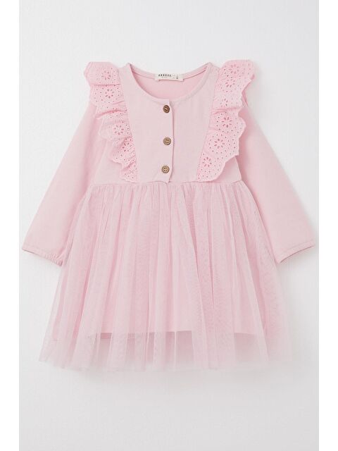 Breeze Kız Çocuk Uzun Kollu Elbise Tüllü Güpürlü Pembe (1.5-3 Yaş) - S000111661-20024