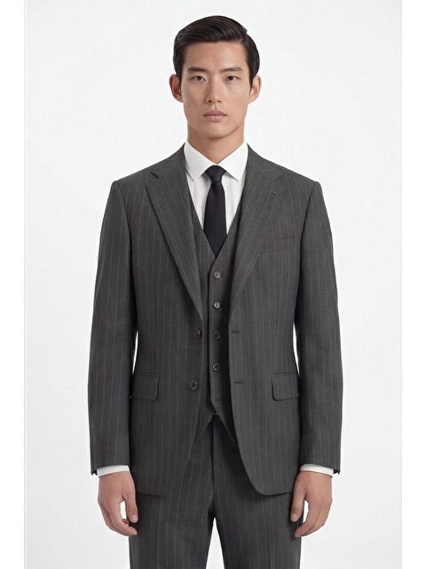 Sabri Özel Giotelli Erkek Antrasit Dar Kesim Slim Fit Viskon Dokuma Çizgili Klasik Yaka 6 Drop Takım Elbise