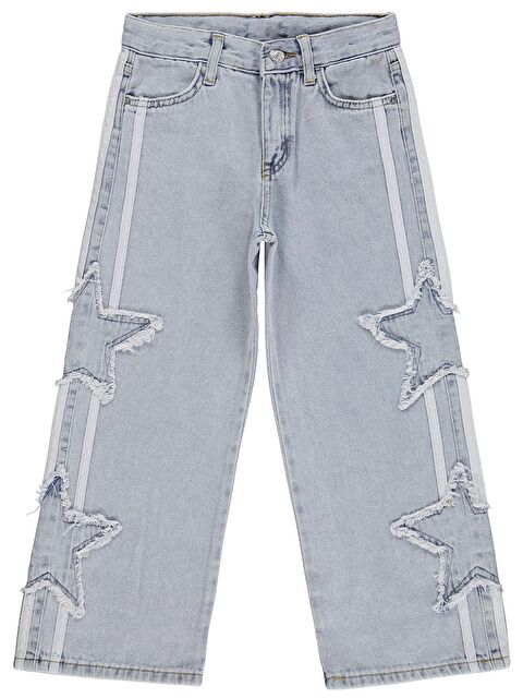 Civil Girls Şeritli Yıldız Nakışlı 10-13 Yaş Pantolon Jean - Mavi