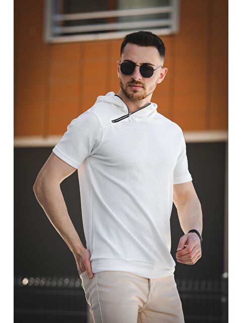 Oksit Slim Fit Dokulu Fermuar Detaylı Kapüşonlu Erkek Tişört - S000124823-20063