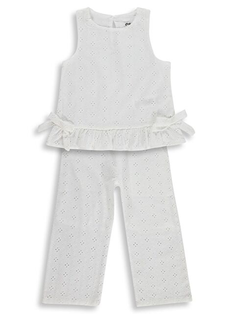 Civil Girls Fiyonk Detaylı Brode 2-5 Yaş Takım - Kırık Beyaz