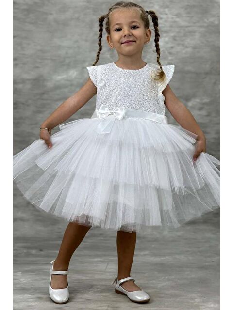 Riccotarz Kız Çocuk Üstü Pulpayet İşlemeli Katkat Beyaz Abiye 4-7 Yaş - S000114571-20063