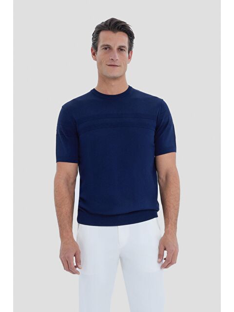 Sabri Özel Lacivert Slim Fit Jakarlı Triko Bisiklet Yaka Tişört - S000525482-21164