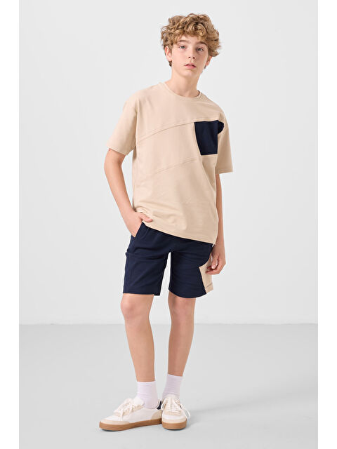 Tommylife Bej-Lacivert Pamuklu Oversize Fit Dokuma Hafif Esnek Chino Erkek Çocuk Şort Takım - 11275 - S000387201-37213