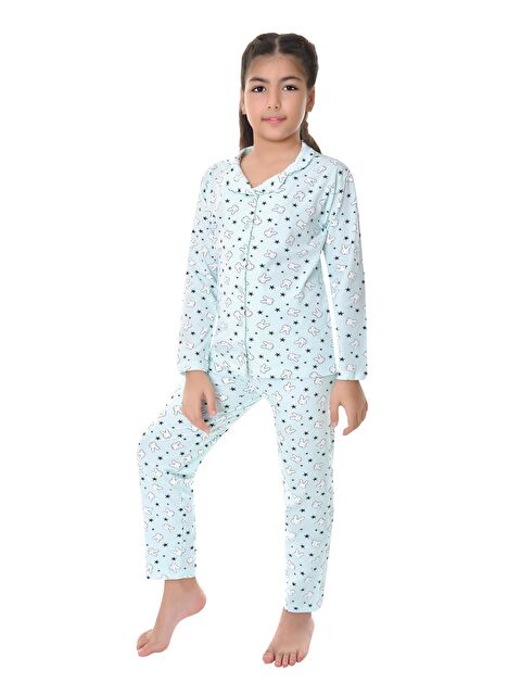 Little Frog Kids Pamuklu Uzun Kollu Düğmeli Gömlek Yaka Desenli Düz Paça Kız Çocuk Pijama Takım - S000130237-34206