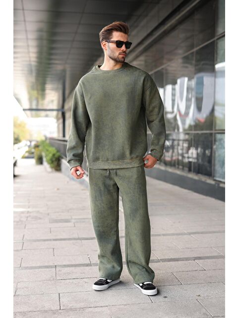 Madmext Haki Bisiklet Yaka Batik Desenli Erkek Sweatshirt Pantolon Takım E7344 - S000465663-18547