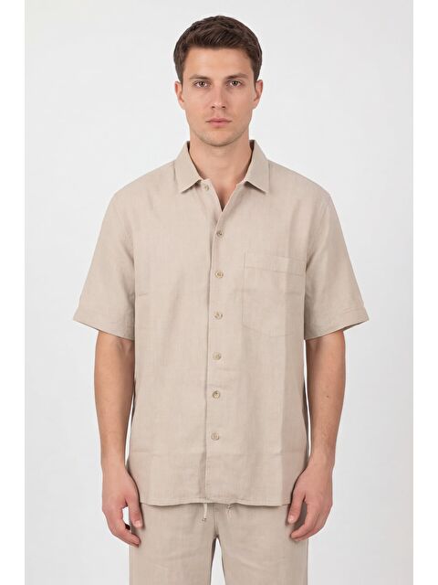 Sabri Özel Giotelli Bej Normal Kesim Regular Fit Pamuklu Dokuma Lastikli Bel Kamp Yaka Takım