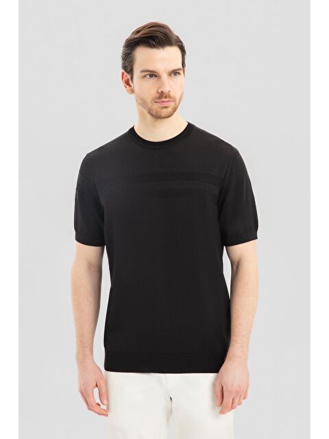 Sabri Özel Siyah Slim Fit Jakarlı Triko Bisiklet Yaka Tişört - S000525484-19351