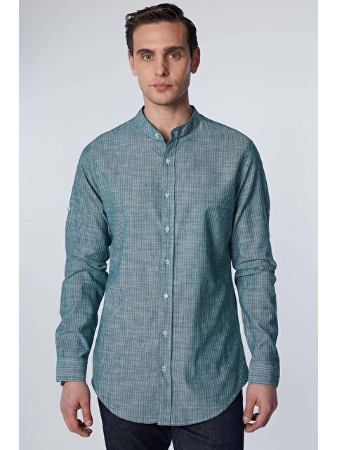 TUDORS Slim Fit Uzun Kollu Dar Kalıp Çizgili Hakim Yaka Kol Katlamalı Keten Doku Yazlık Erkek Gömlek