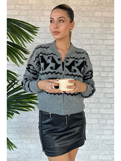 Gülseli Desenli Fermuarlı Triko Hırka - S000311812-20600