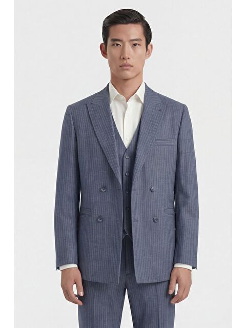 Sabri Özel Giotelli Açık Lacivert Normal Kesim Regular Fit Dokuma Çizgili Takım Elbise