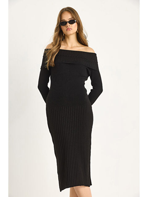 SHADE Kadın Fitilli Madonna Yaka Triko Elbise - S000443423-19351