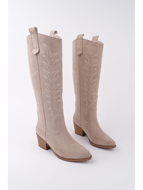 Muggo TEXAS Sivri Burun Nakışlı Kalın Topuklu Kadın Kovboy Western Çizme - S000440901-12