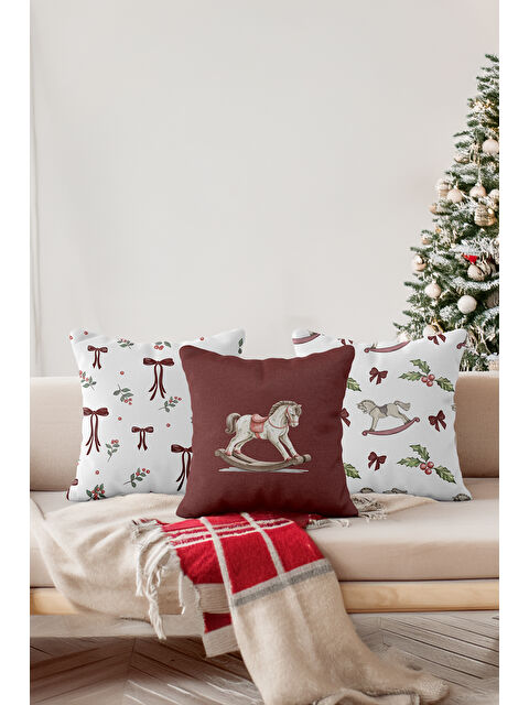 Asdiva Frosty Atlı Karınca Fiyonk Desenli Noel Temalı 3'lü Dekoratif Kırlent Kılıf Seti Bordo-Beyaz - S000502336-19951