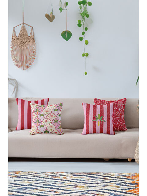 Asdiva Flamora Tropikal Palmiye Flamingo Desen Turna Temalı 4'lü Dekoratif Kırlent Kılıf Seti Pembe-Kırmızı - S000502336-20024