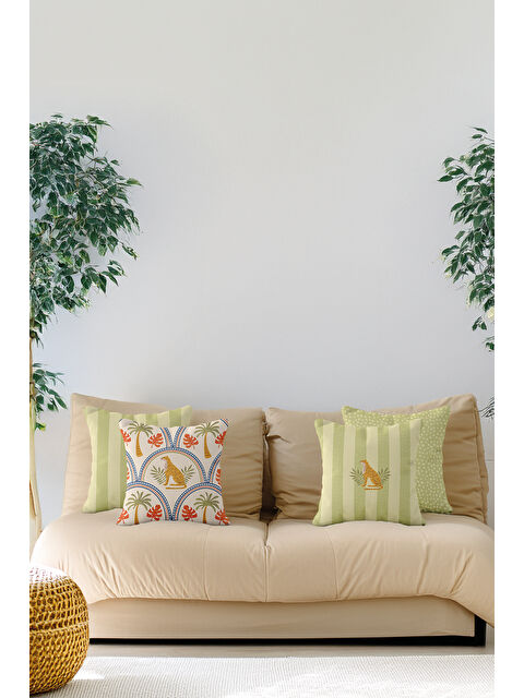 Asdiva Leolime Palmiye ve Çita Desenli Tropik Temalı 4'lü Dekoratif Kırlent Kılıf Seti Yeşil-Beyaz - S000502336-19413