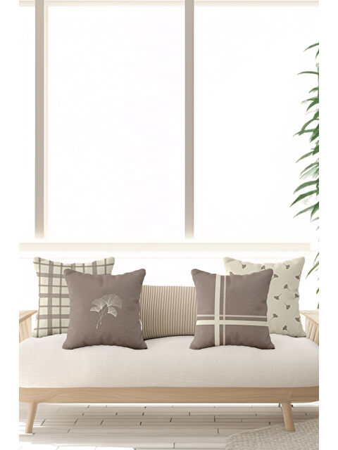 Asdiva Ginkgo Ekosa Desenli Çiçek Temalı 4'lü Dekoratif Kırlent Kılıf Seti Kahverengi-Krem - S000502336-19393