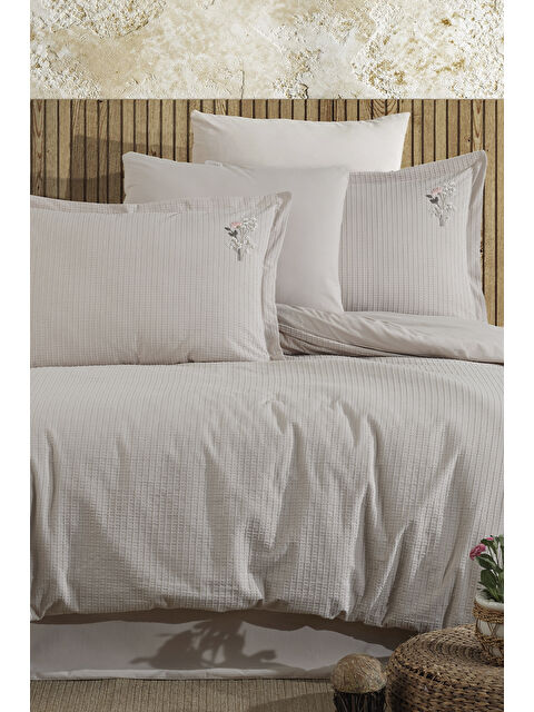 Nordqueen %100 Pamuk Çift Kişilik Nakışlı Nevresim Seti Eveya Taş Rengi - S000502342-25636