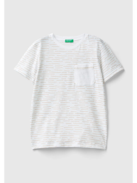 United Colors Of Benetton Erkek Çocuk Açık Gri Melanj Logo Baskılı Çizgili Bisiklet Yaka Tişört - S000294830-20600