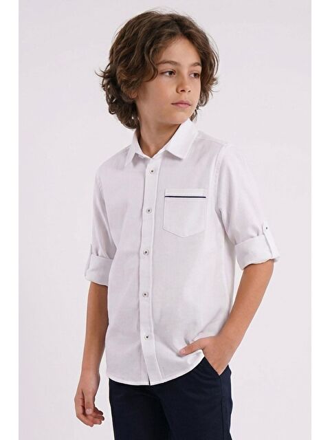 Breeze Erkek Çocuk Gömlek Cep Kısmı Kontrast Şerit Detaylı Düğmeli Beyaz (4-8 Yaş)
