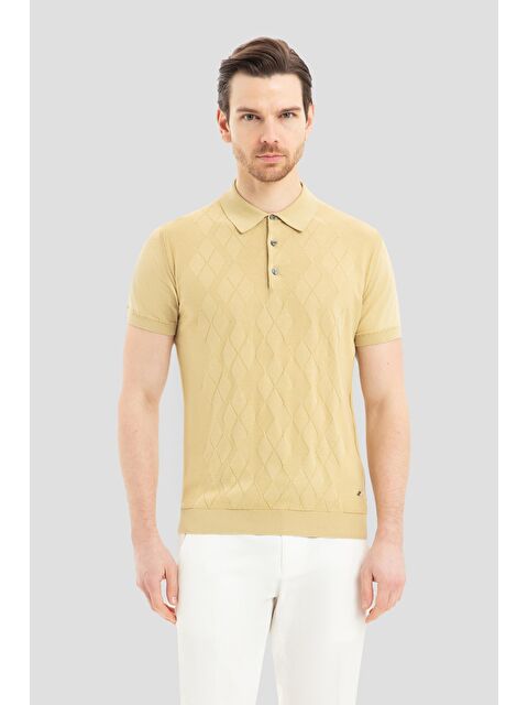 Sabri Özel Erkek Camel Slim Fit %100 Pamuk Desenli Triko Polo Yaka Tişört - S000525512-20054