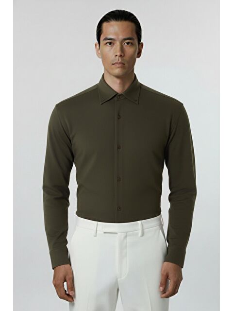 Sabri Özel Erkek Haki Düz Düğmeli Yaka Slim Fit Gömlek - S000525521-18547