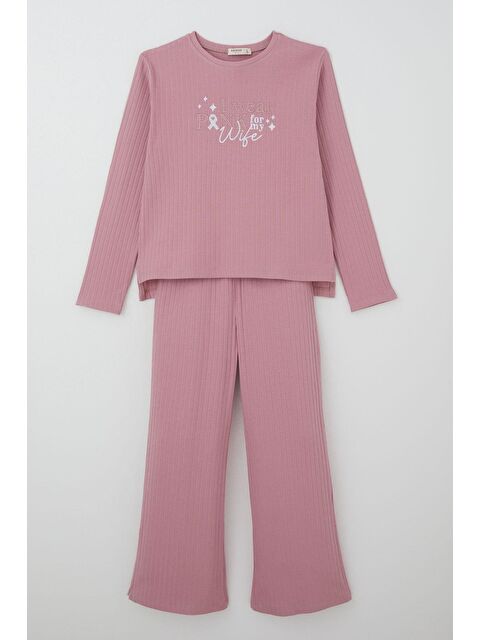 Breeze Kız Çocuk Pantolonlu Takım Yazı Nakışlı Fiyonk Detaylı Gülkurusu (4-8 Yaş) - S000505727-20028