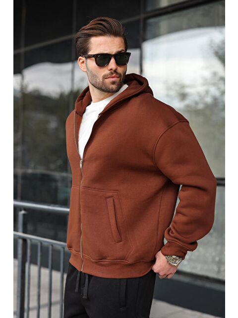 Madmext Kahverengi Fermuarlı Kapüşonlu Erkek Hırka E7174 - S000465667-19413