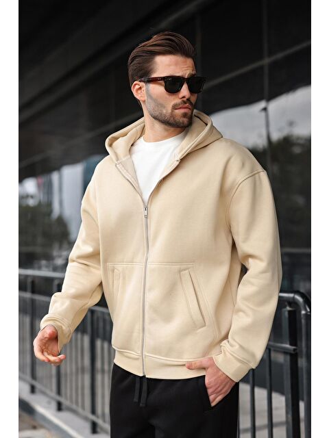 Madmext Bej Fermuarlı Kapüşonlu Erkek Hırka E7174 - S000465667-19928
