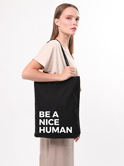 Bagg Siyah Kanvas Be A Nice Human Baskılı Çanta - S000149321-19351