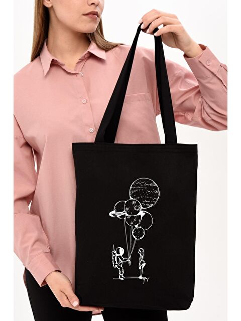 Bagg Siyah Kanvas Astronot Balon Baskılı Çanta - S000149324-19351