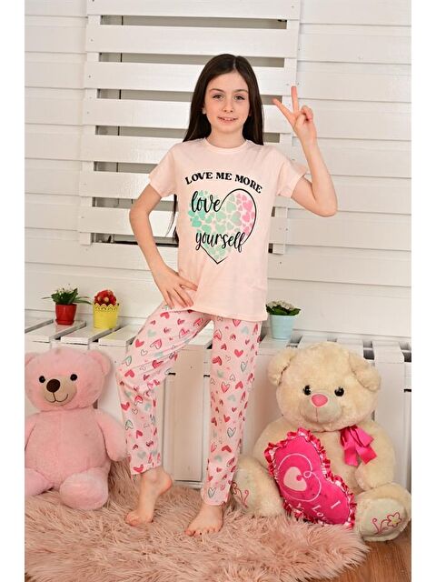 Vitmo Kısa Kollu Kız Çocuk Pijama Takımı Love Me More Somon - S000327769-24085