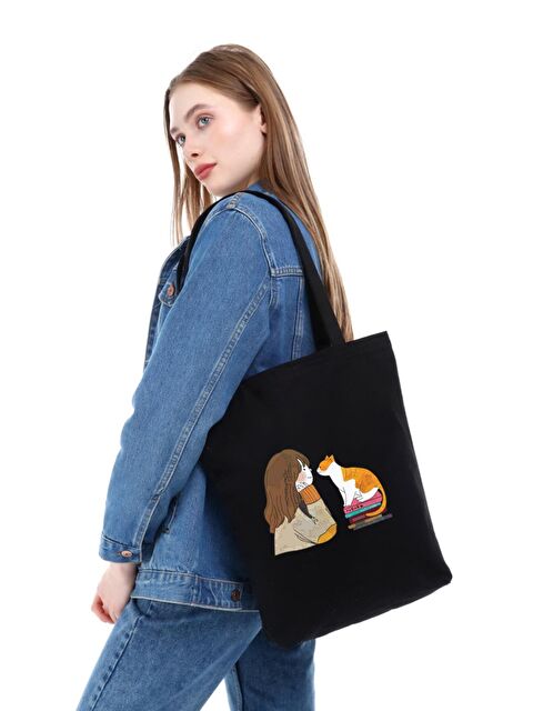 Bagg Siyah Kanvas Kedili Kız Baskılı Çanta - S000149331-19351